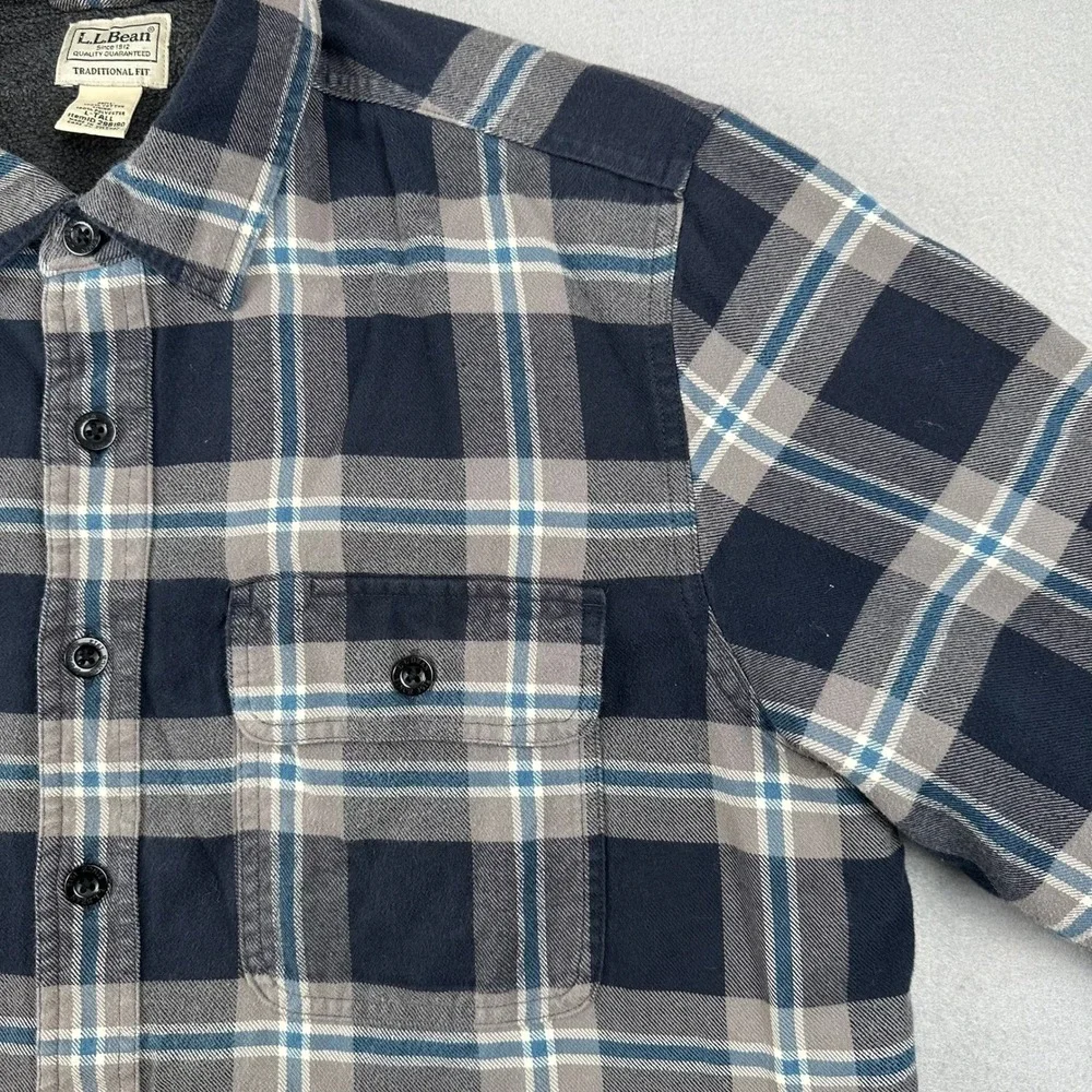 LL Bean Fleece Lined Flannel Shirt Jacket Mens L Tall Navy Blue Plaid 298190